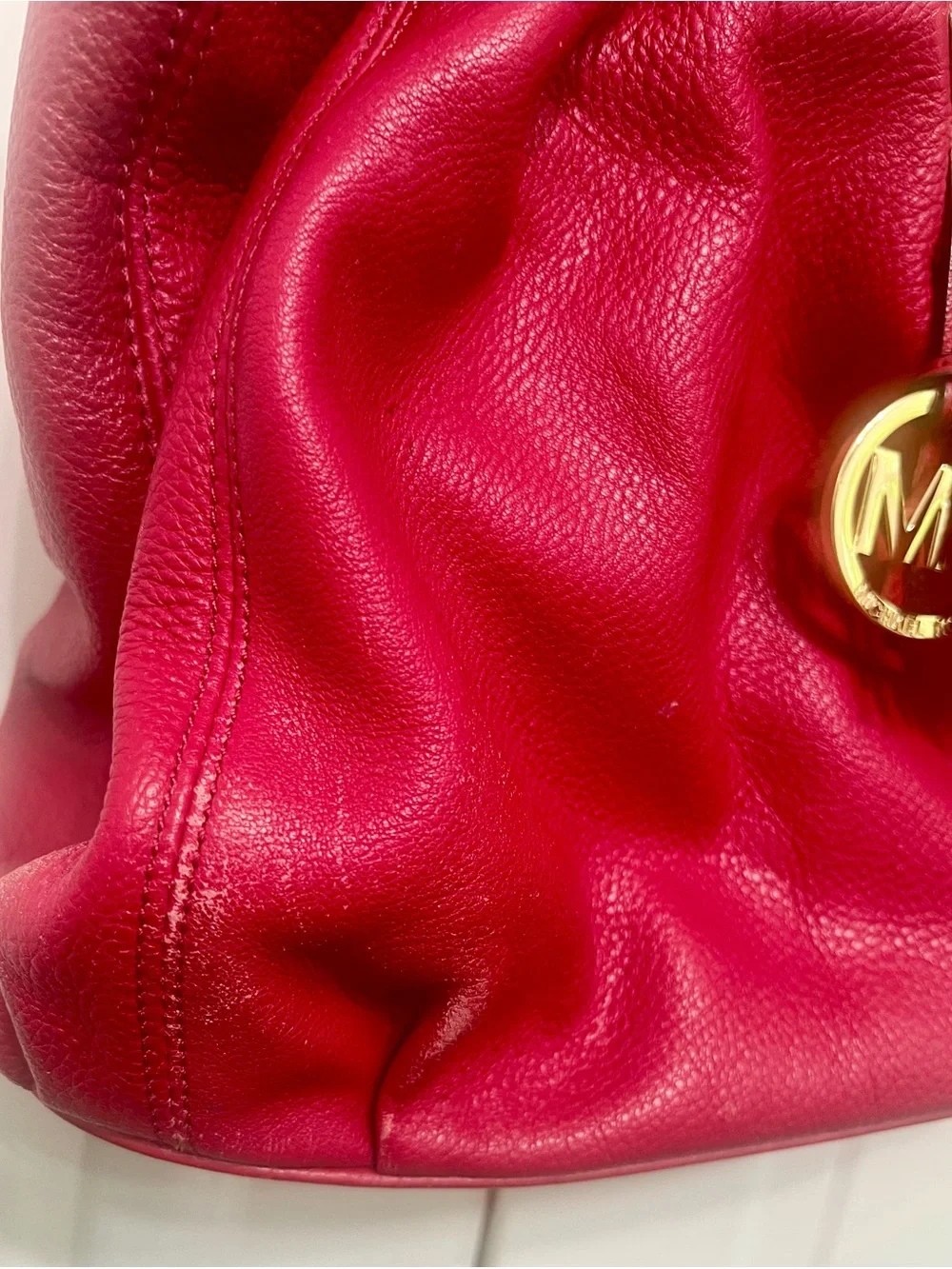 Michael Kors Red Pebbled Leather Drawstring Tassel Large Shoulder Bag